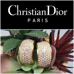 Christian Dior Gold with Pave' Rhinstone Dome Hoop Vintage Pierced 1980's